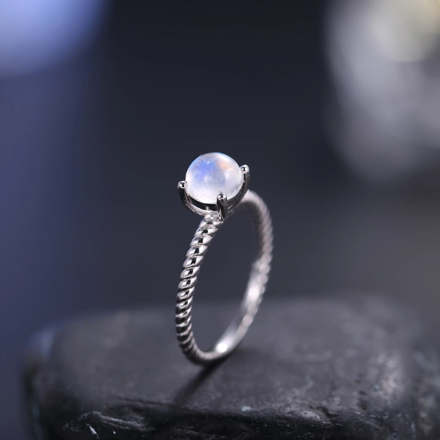 Textured Milky Blue Moonstone Ring in 925 Sterling Silver by Choosen Jewelry - Classic Wedding Band