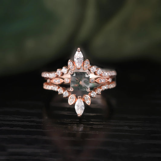 Square Shaped Moss Agate Engagement Ring Set in Rose Gold - 925 Sterling Silver, with Pear Cut CZ Side Stones, Moss Agate Promise Rings for Women