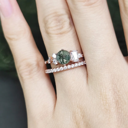 Round Cut Moss Agate Pave Engagement Ring Set in Rose Gold - 925 Sterling Silver, with Emerald and Round Cut CZ Side Stones, Moss Agate Promise Ring Set for Women