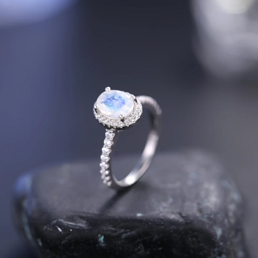 June Birthstone Moonstone Halo Engagement Ring - 925 Sterling Silver | Choosen Jewelry