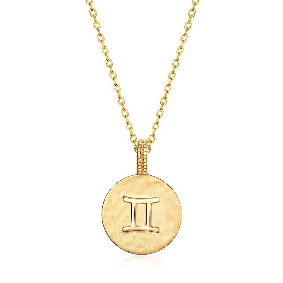 Zodiac Sign Coin Necklace, 12 Constellation Pendant, 10K Gold Plated