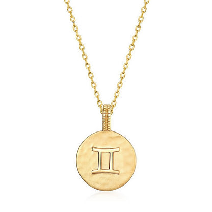 Zodiac Sign Coin Necklace, 12 Constellation Pendant, 10K Gold Plated