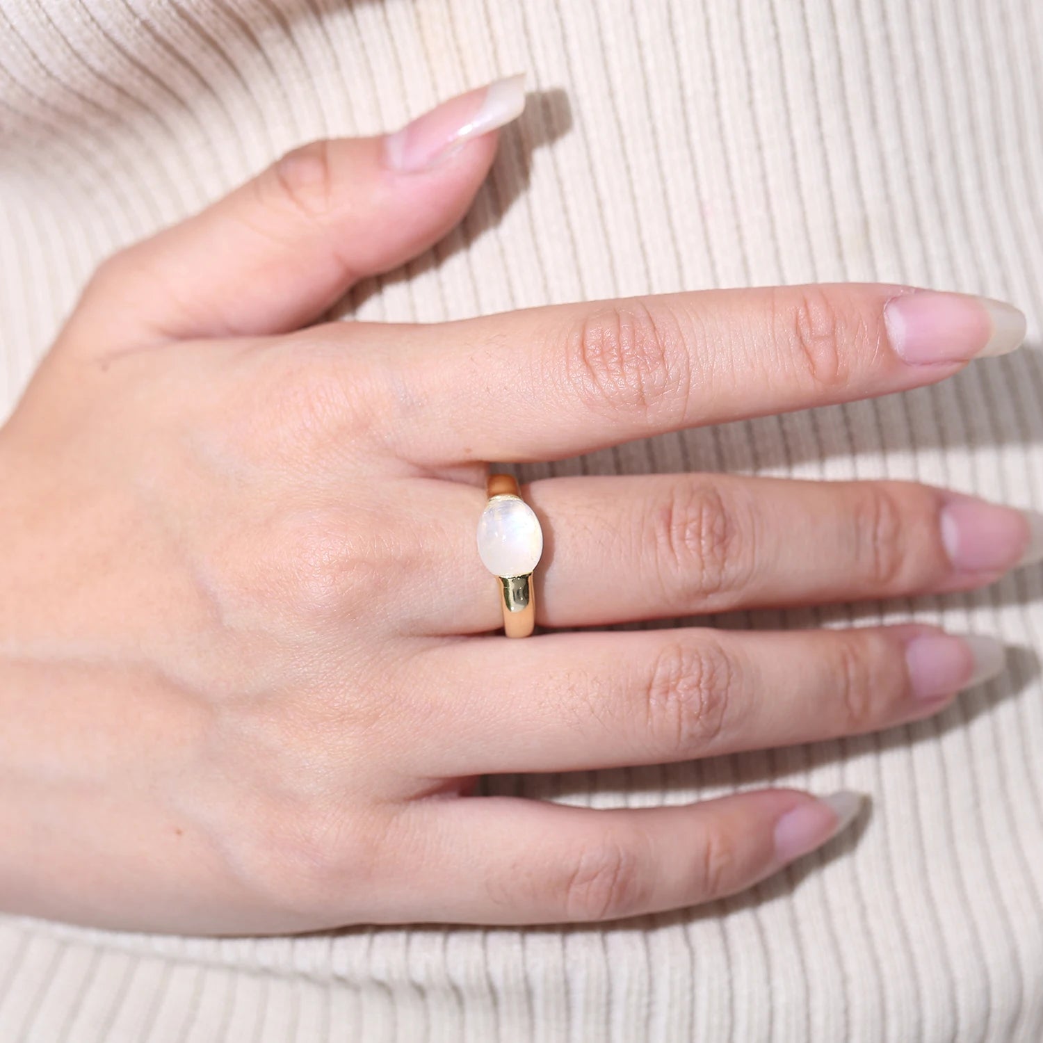 June Birthstone Rainbow Moonstone Promise Ring - 925 Sterling Silver, 18K Gold Plated - Choosen Jewelry