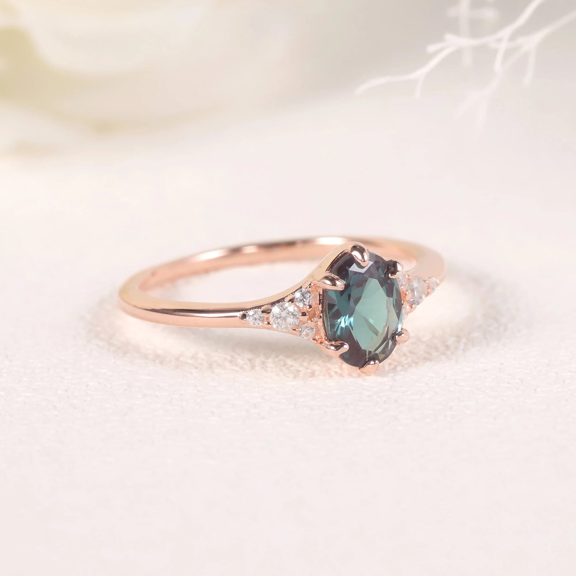 Choosen Jewelry: 925 Sterling Silver Oval Alexandrite Engagement Ring with Rose Gold Plating