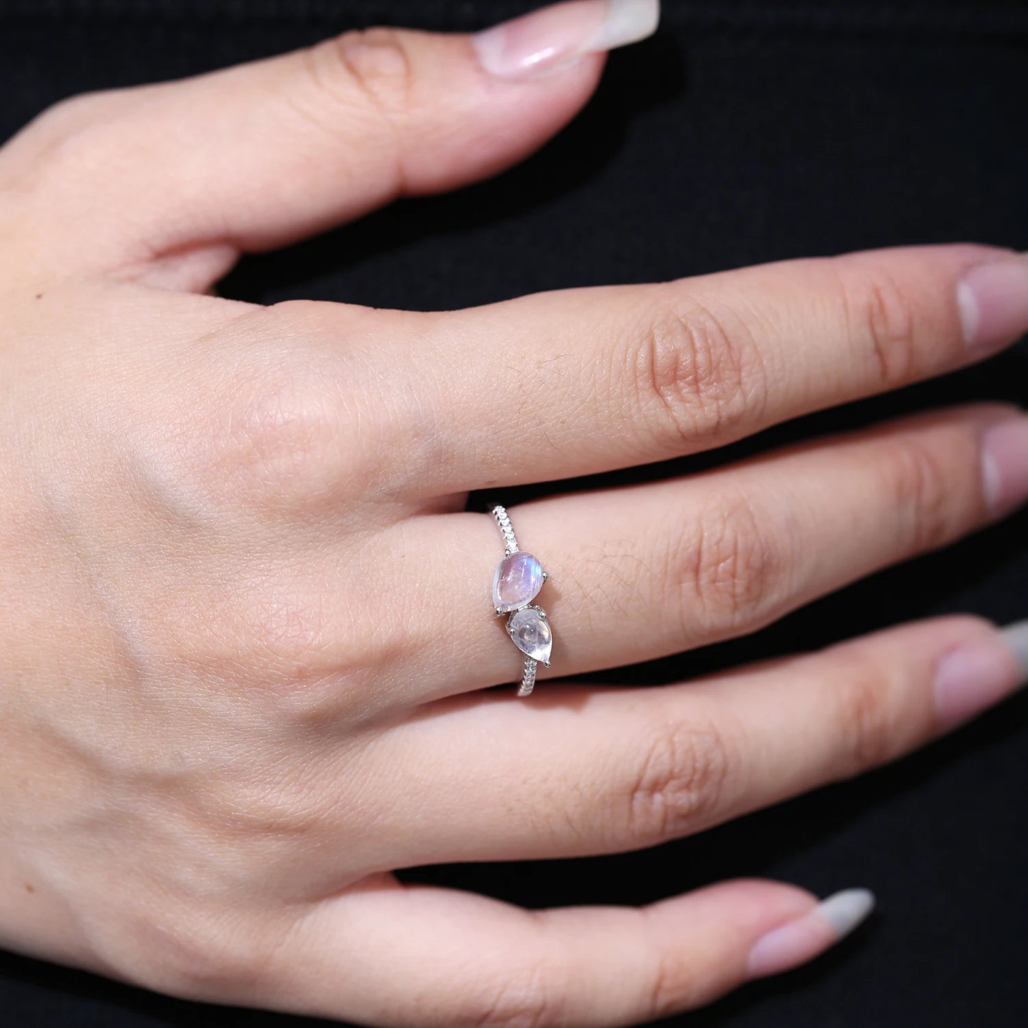 Rainbow Moonstone Gemstone Ring in 925 Sterling Silver with CZ Side Stones - 5*7 mm Pear Cut | Elegant June Birthstone Jewelry, Ideal Moonstone Gifts