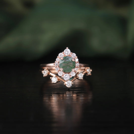 Oval Cut Moss Agate Halo Pave Engagement Ring Set in Rose Gold - 925 Sterling Silver, with Round Cut CZ Side Stones, Moss Agate Curved Promise Ring Set for Women