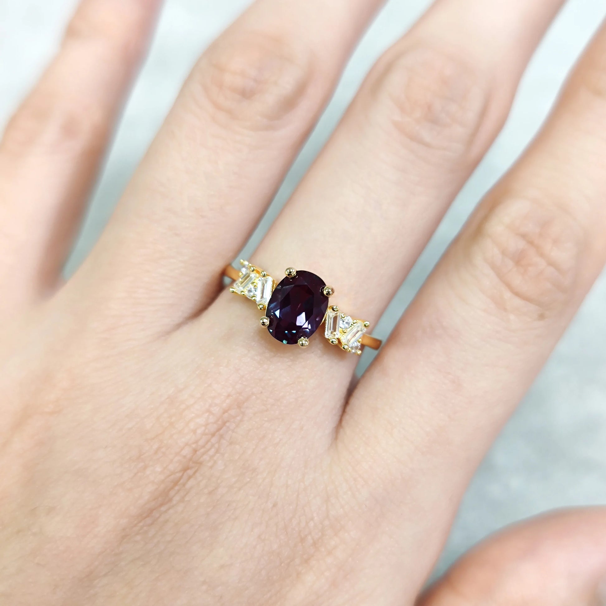 Choosen Jewelry Oval Cut Alexandrite Engagement Ring | 14K Gold Plated Silver | Color-Changing June Birthstone