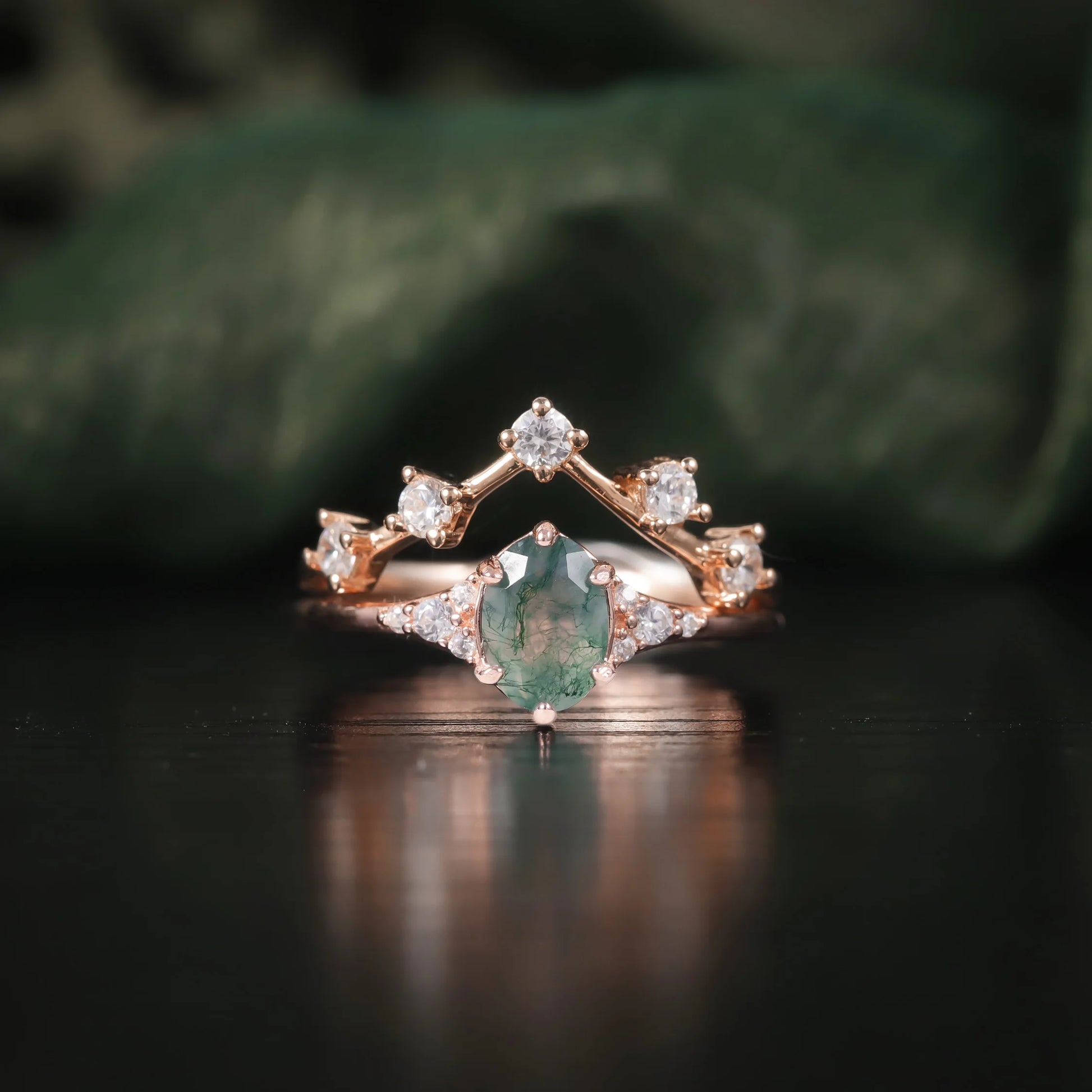 Oval Cut Moss Agate Cluster Engagement Ring Set in Rose Gold - 925 Sterling Silver, with Round Cut CZ Side Stones, Moss Agate Curved Promise Ring Set for Women