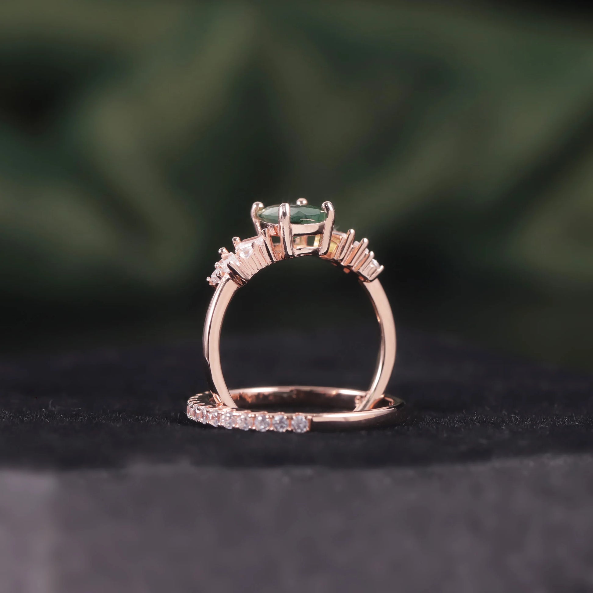 Oval Moss Agate Engagement Ring Set in Rose Gold - 925 Sterling Silver, with Emerald Cut CZ Side Stones, Moss Agate Promise Ring Set for Women