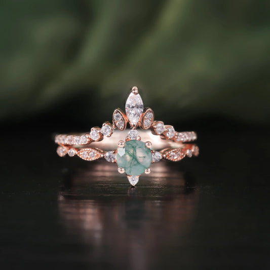 Round Cut Moss Agate Engagement Ring Set in Rose Gold - 925 Sterling Silver, with Marquise Cut CZ Side Stones, Moss Agate Promise Ring Set for Women