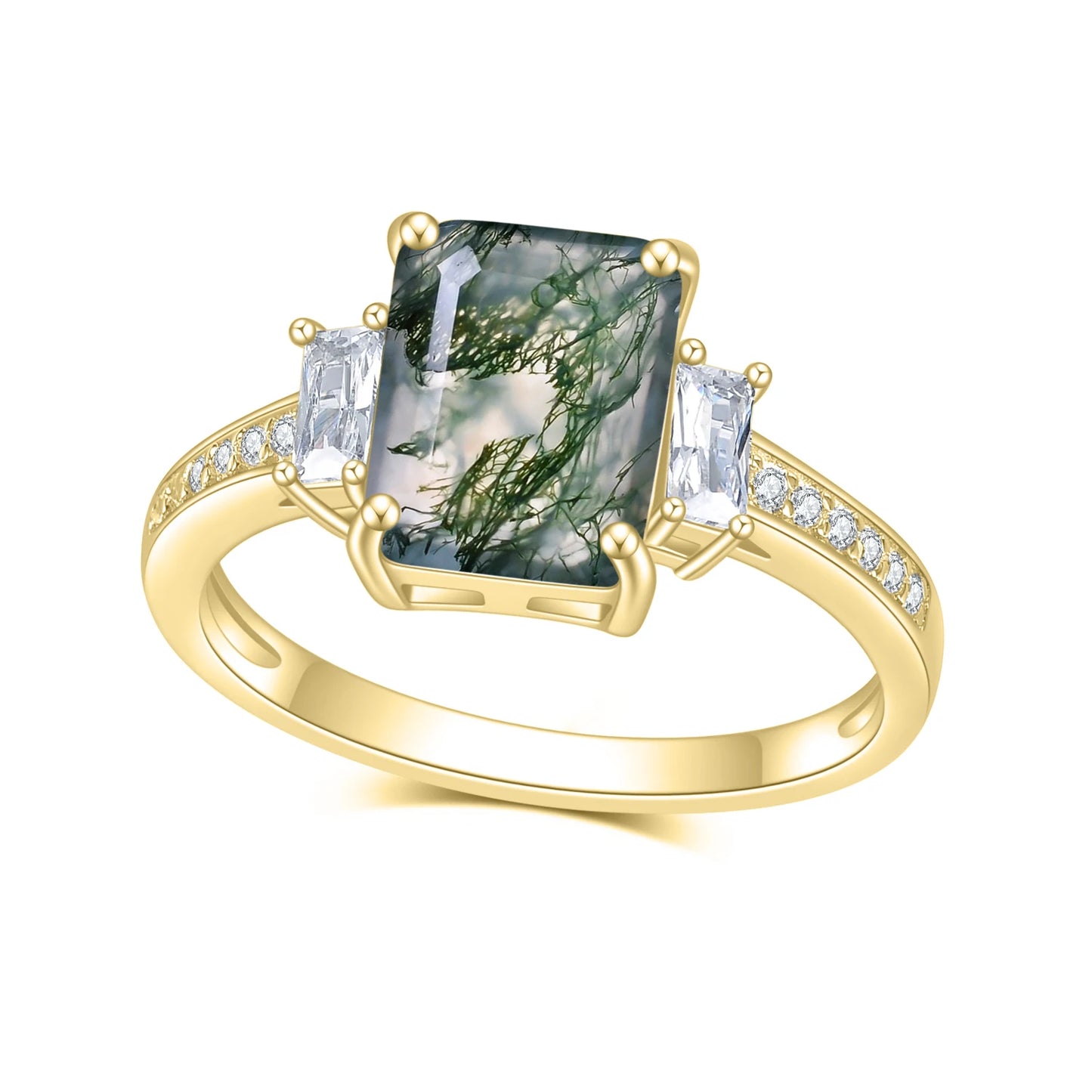 Emerald Cut Moss Agate Engagement Ring Set in Gold - 925 Sterling Silver, with Emerald and Round Cut CZ Side Stones, Moss Agate Promise Ring Set for Women