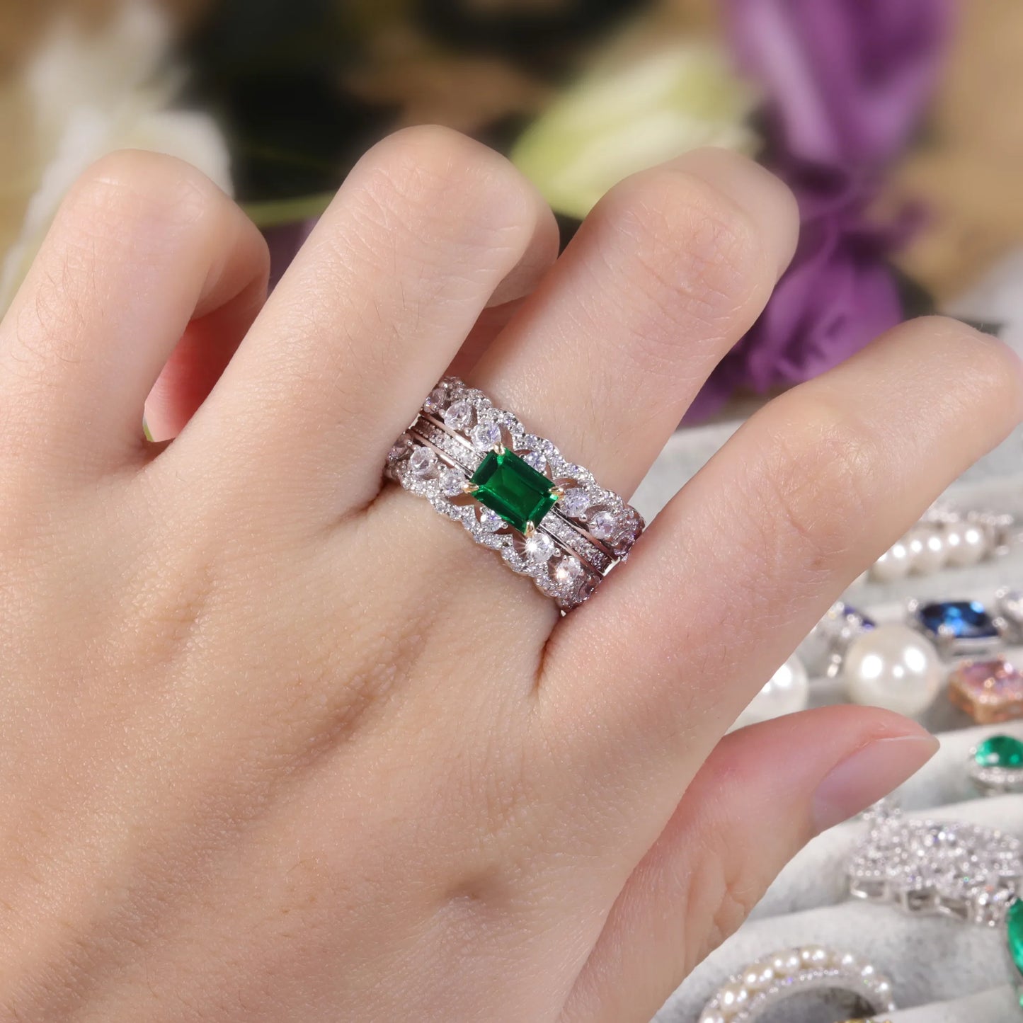 Synthetic Emerald Art Deco Ring - 925 Sterling Silver | Choosen Jewelry