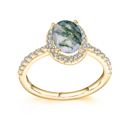 Oval Cut Moss Agate Halo Engagement Ring