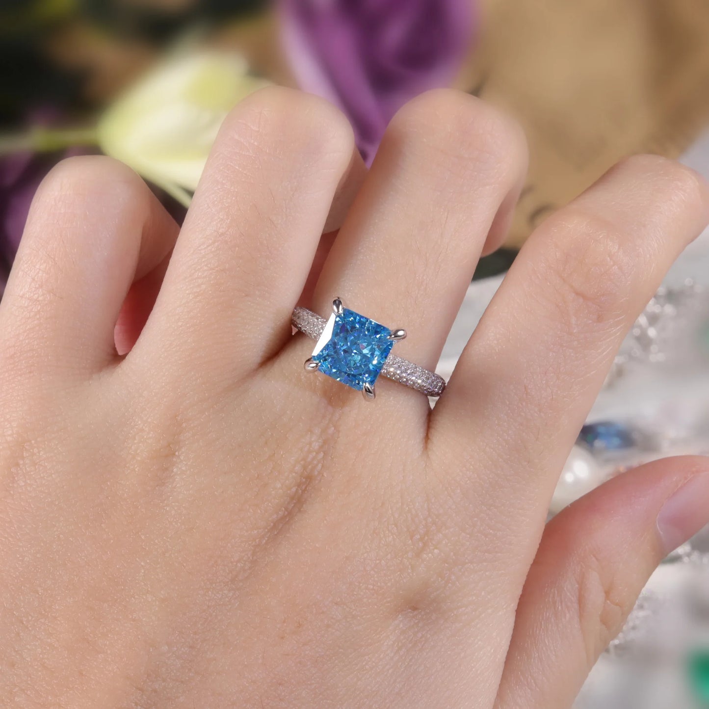 Aqua Blue Cushion CZ Engagement Ring - 925 Sterling Silver - Choosen Jewelry