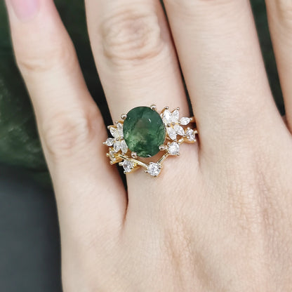 Oval Cut Moss Agate Halo Engagement Ring Set in Gold - 925 Sterling Silver, with Marquise and Round Cut CZ Side Stones, Moss Agate Curved Promise Ring Set for Women