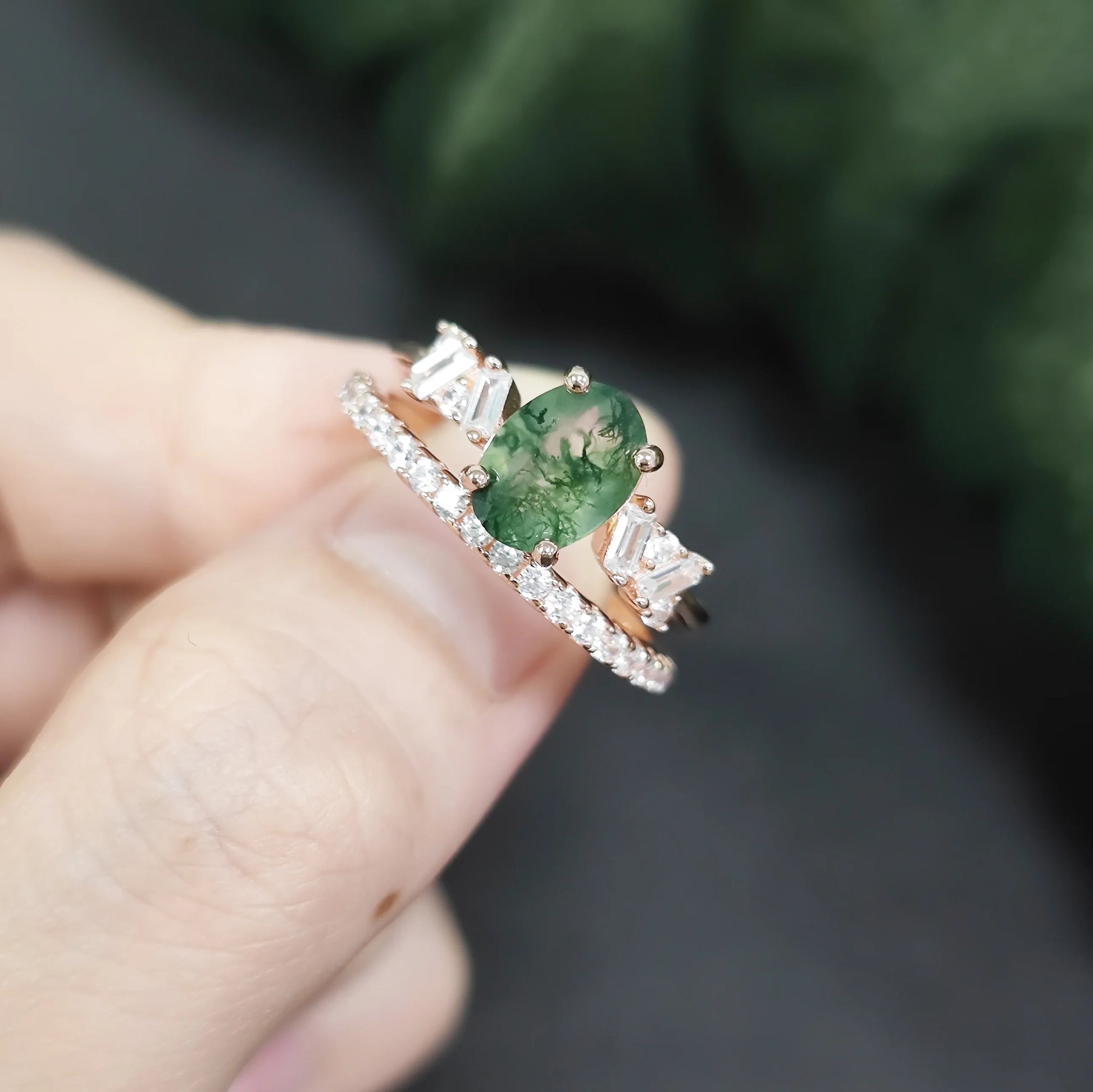 Oval Moss Agate Engagement Ring Set in Rose Gold - 925 Sterling Silver, with Emerald Cut CZ Side Stones, Moss Agate Promise Ring Set for Women