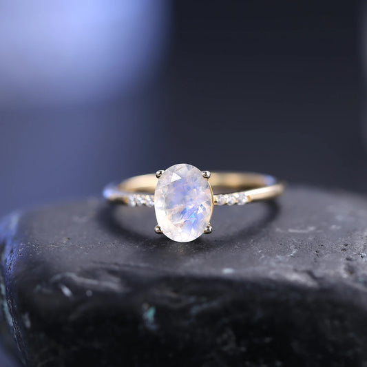 Elegant 18K Gold Filled Moonstone Engagement Ring with CZ in 925 Sterling Silver - Handmade Jewelry - Perfect Gift for Women