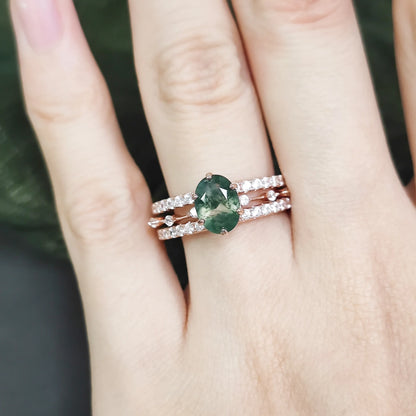 Oval Cut Moss Agate Halo Engagement Ring Set in Rose Gold - 925 Sterling Silver, with Round Cut CZ Side Stones, Moss Agate Promise Ring Set for Women