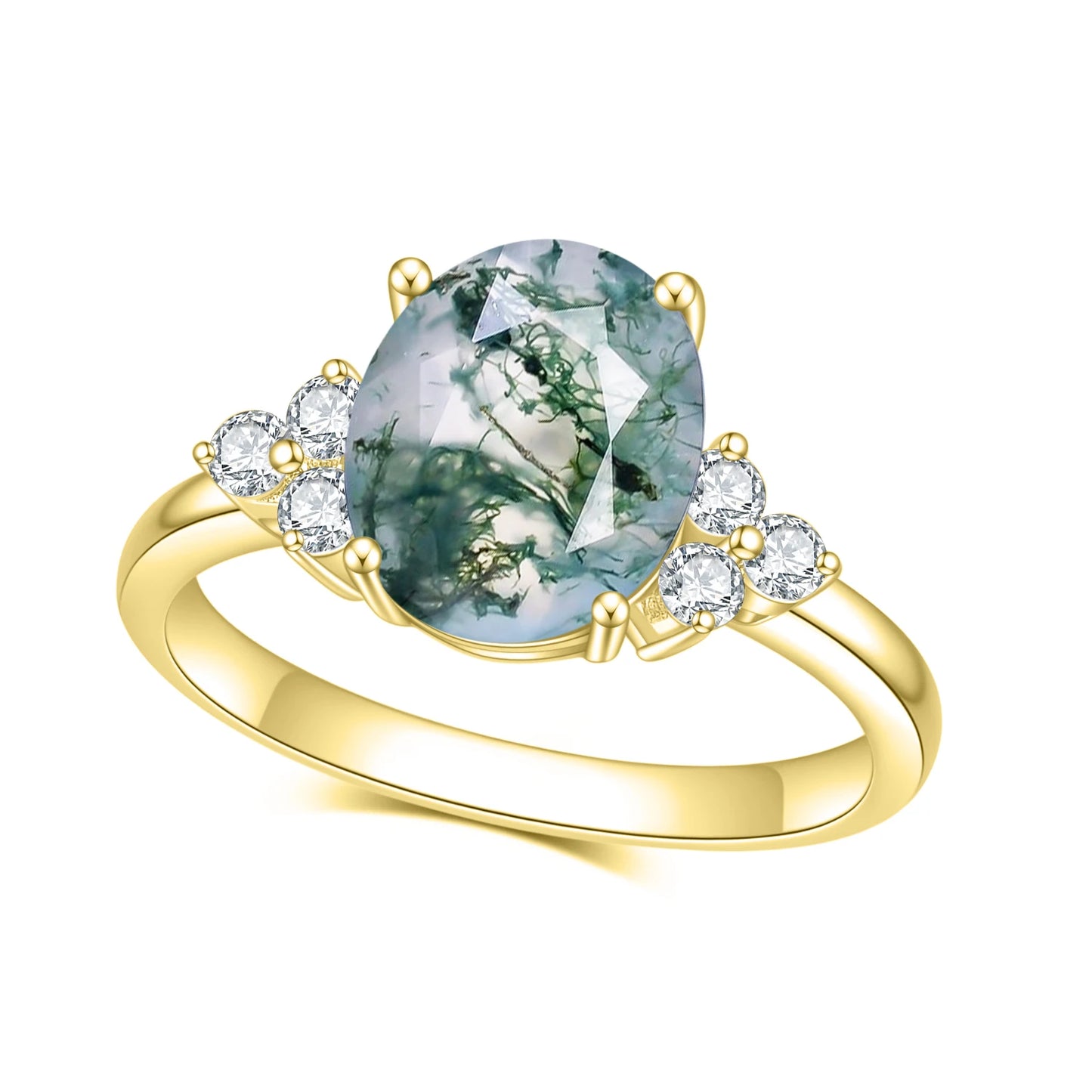 Oval Cut Moss Agate Halo Engagement Ring Set in Gold - 925 Sterling Silver, with Pear and Round Cut CZ Side Stones, Moss Agate Curved Promise Ring Set for Women