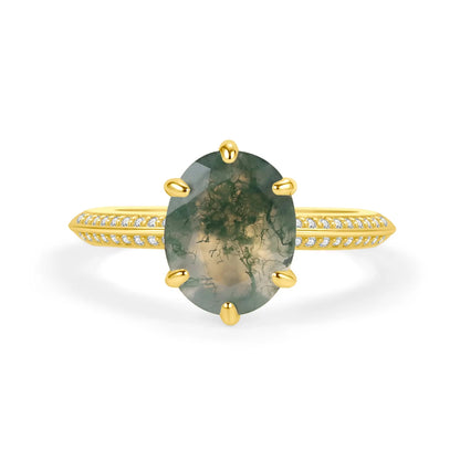 Oval Moss Agate Micro Pave Engagement Ring Set in Gold - 925 Sterling Silver, with Round Cut CZ Side Stones, Moss Agate Promise Ring for Women