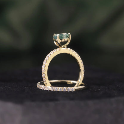 Pear Cut Moss Agate Engagement Ring Set in Gold - 925 Sterling Silver, with Round Cut CZ Side Stones, Moss Agate Promise Ring Set for Women