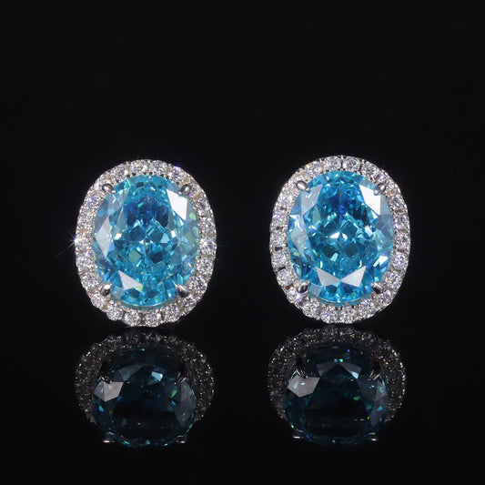 Choosen Jewelry: 925 Sterling Silver Aqua Blue Halo Stud Earrings with Oval Diamond-fire CZ