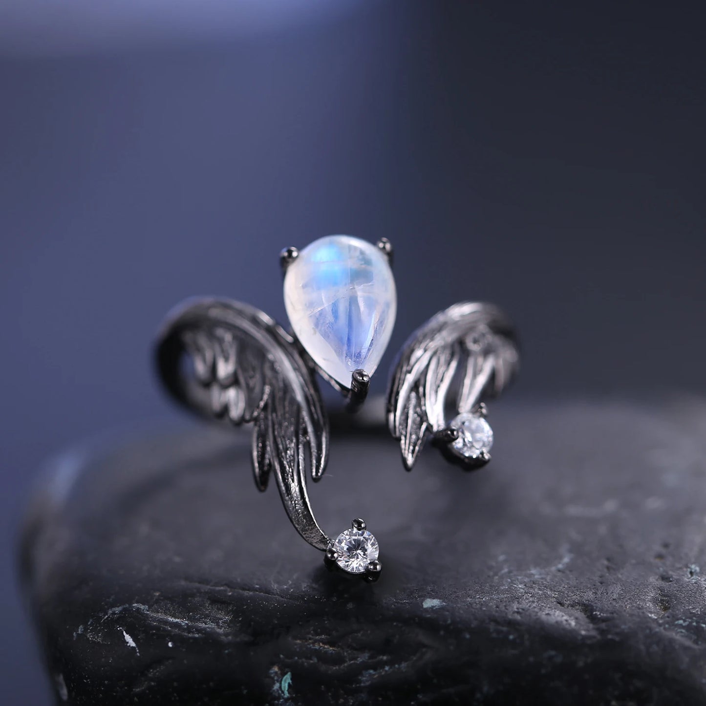 Exquisite Adjustable Angel Wing Moonstone Ring with CZ in 925 Sterling Silver - Elegant Handmade Jewelry - Perfect Gift for Women