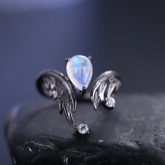 Exquisite Adjustable Angel Wing Moonstone Ring with CZ in 925 Sterling Silver - Elegant Handmade Jewelry - Perfect Gift for Women