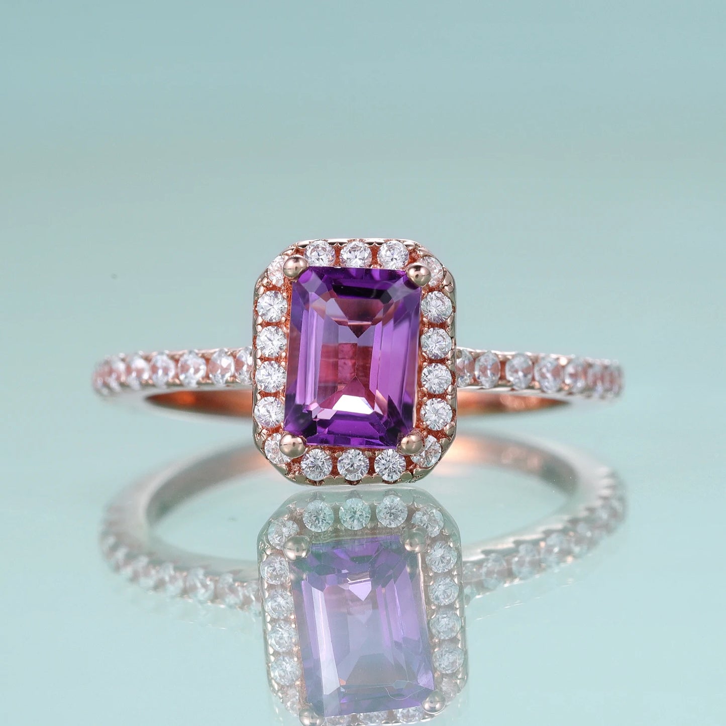 Choosen Jewelry: Emerald Cut Amethyst Halo Engagement Ring - 925 Sterling Silver Art Deco Bridal Jewelry