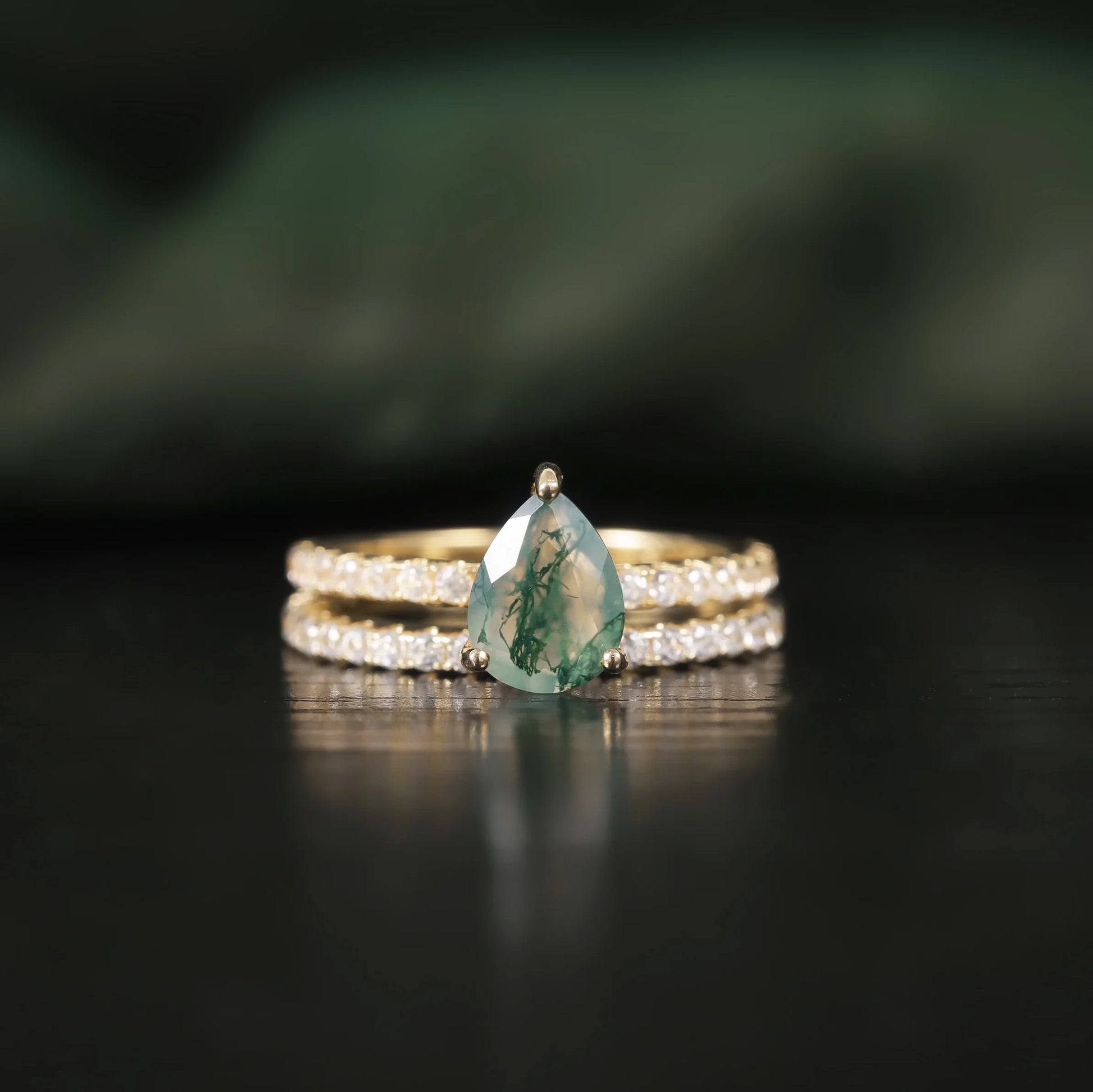 Pear Cut Moss Agate Engagement Ring Set in Gold - 925 Sterling Silver, with Round Cut CZ Side Stones, Moss Agate Promise Ring Set for Women