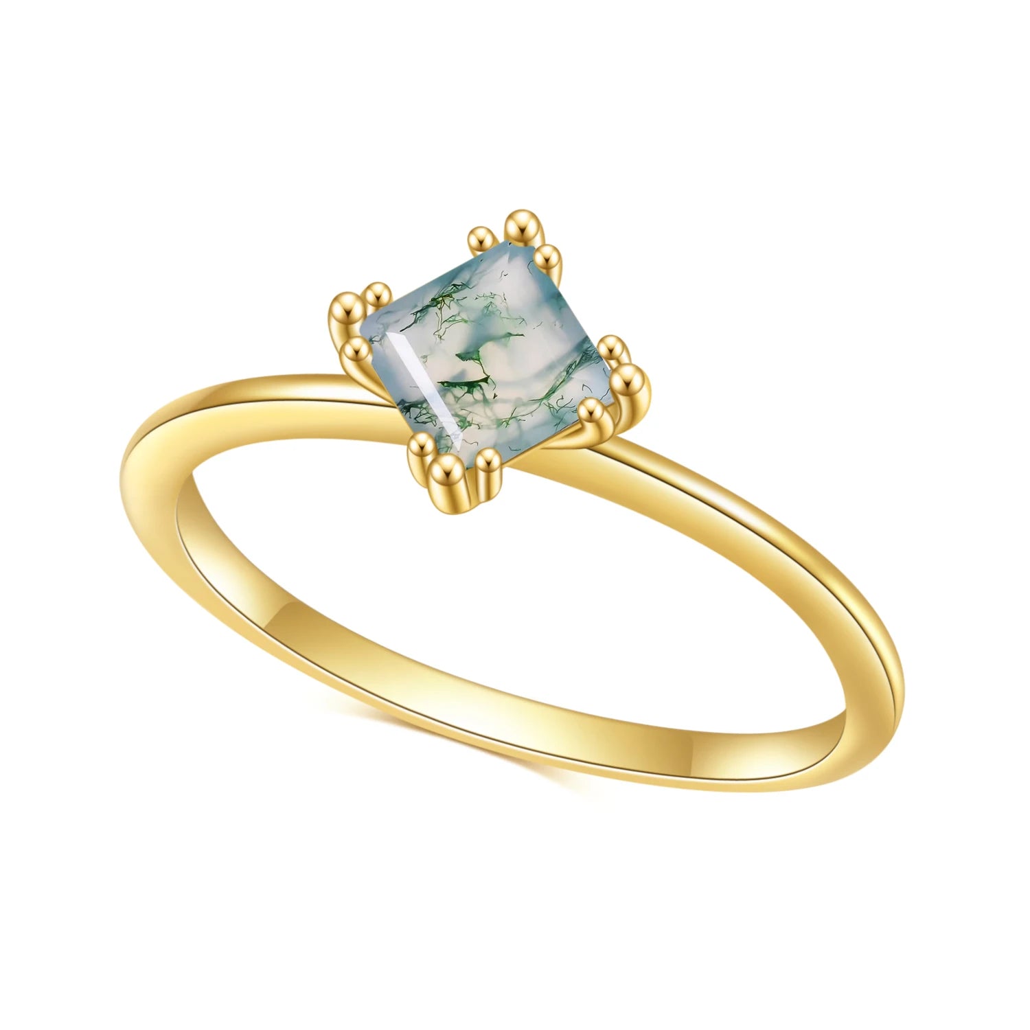 Cushion Cut Moss Agate Pave Engagement Ring Set in Gold - 925 Sterling Silver, with Round Cut CZ Side Stones, Moss Agate Promise Ring Set for Women