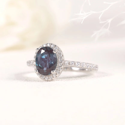 Oval Halo Lab Alexandrite Engagement Ring - 925 Sterling Silver - Choosen Jewelry