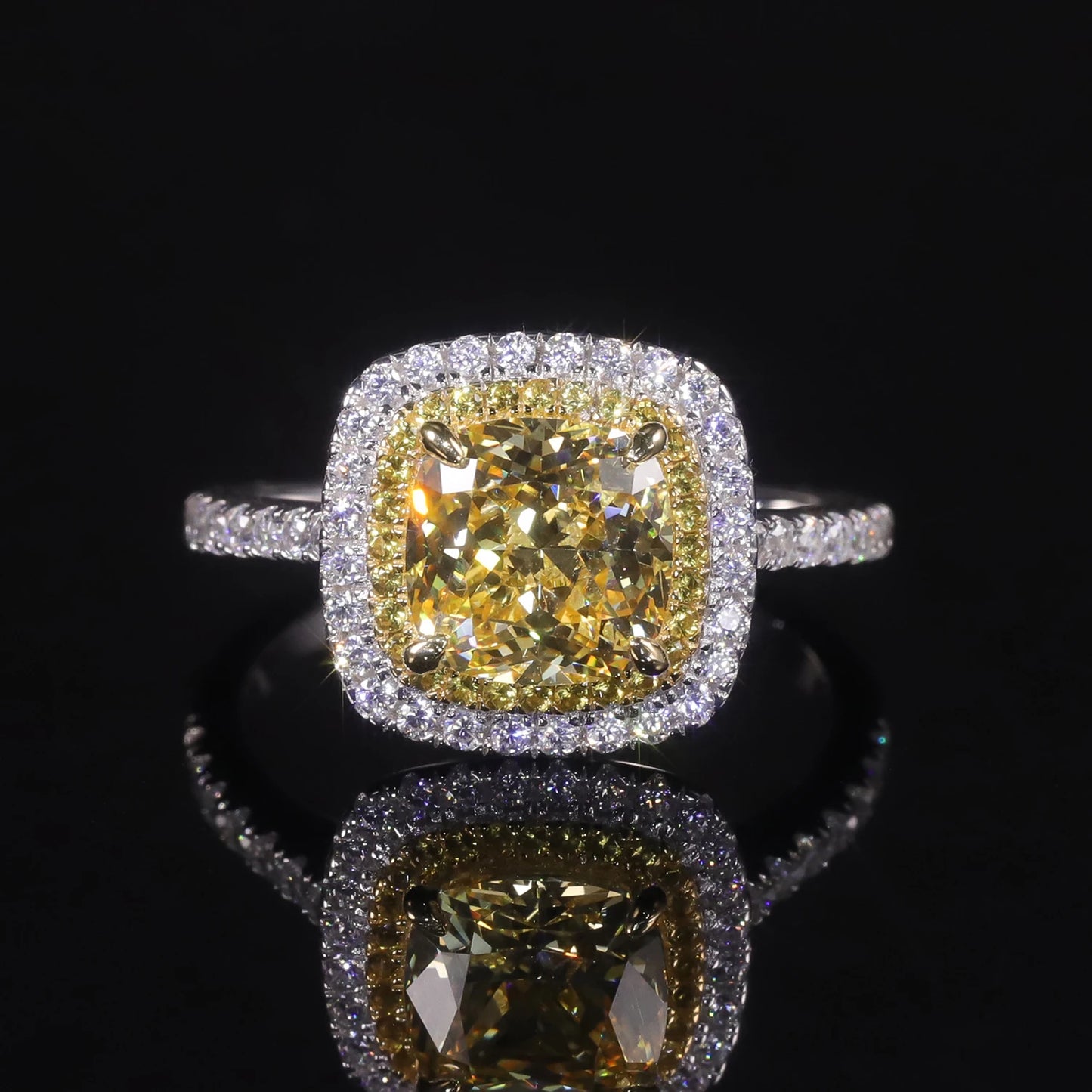 Choosen Jewelry: 8mm Cushion Yellow CZ Halo Engagement Ring in 925 Sterling Silver