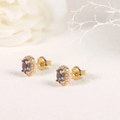 Choosen Jewelry Alexandrite Halo Stud Earrings - 925 Sterling Silver, Yellow Gold Plated