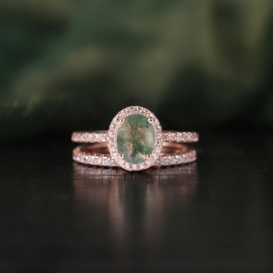 Oval Moss Agate Halo Pave Engagement Ring Set in Rose Gold - 925 Sterling Silver, with Round Cut CZ Side Stones, Moss Agate Promise Ring for Women