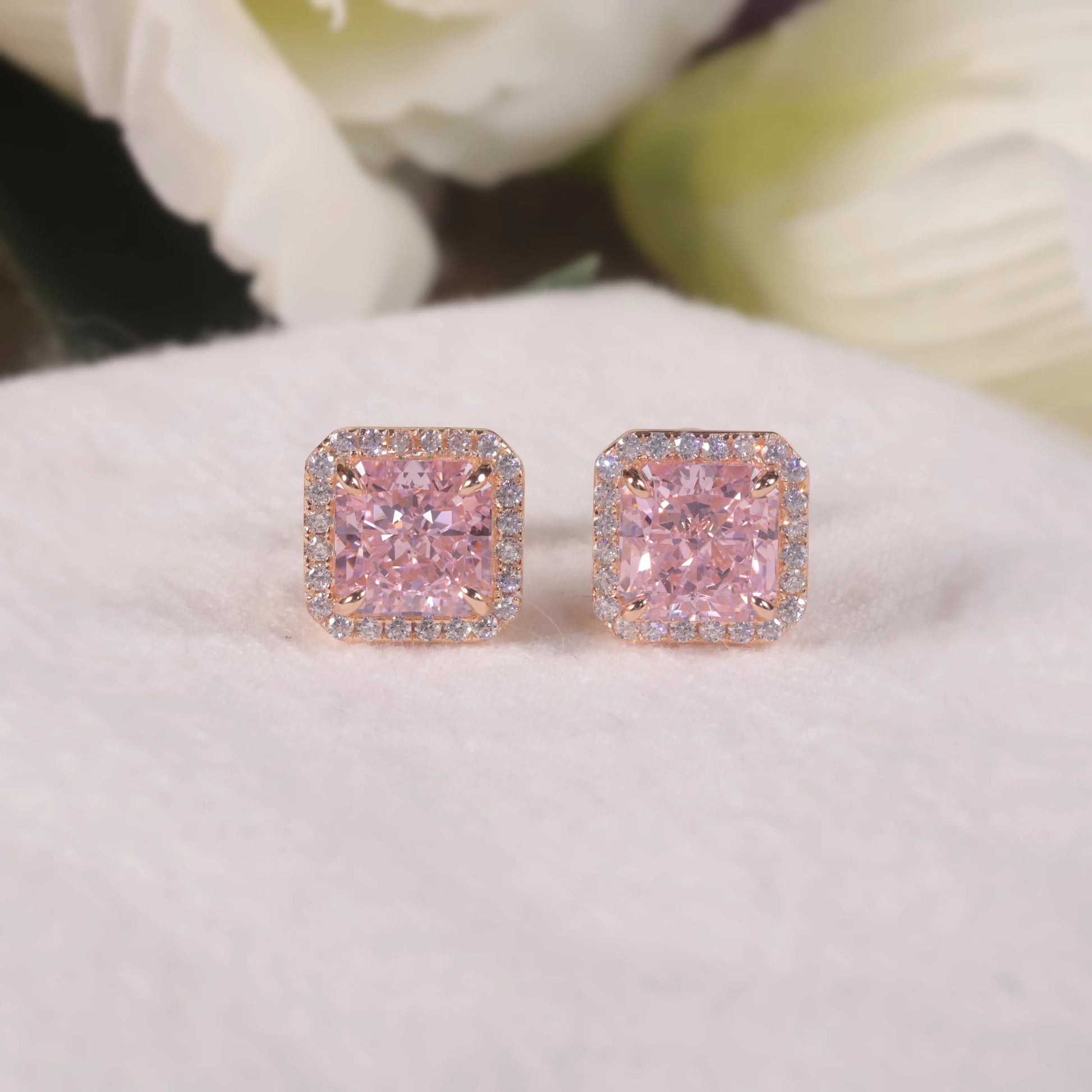 Choosen Jewelry: 925 Sterling Silver Pink CZ Diamond Halo Stud Earrings - Luxury Women's Gift