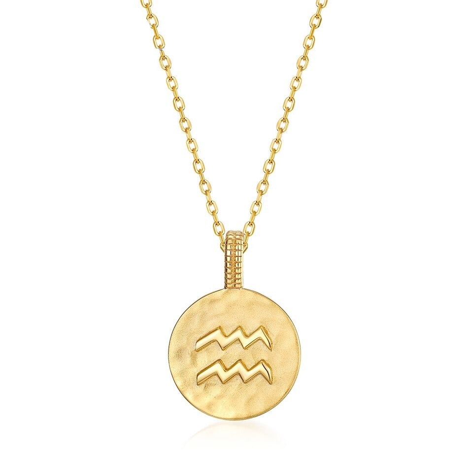 Zodiac Sign Coin Necklace, 12 Constellation Pendant, 10K Gold Plated