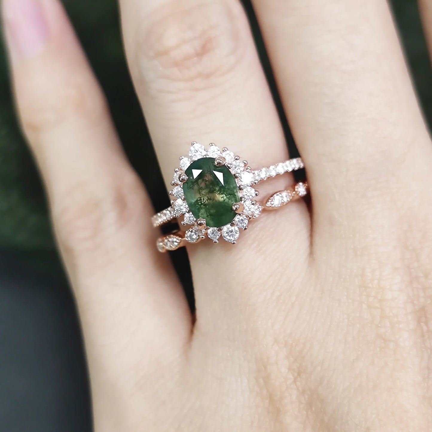 Oval Cut Moss Agate Halo Pave Engagement Ring Set in Rose Gold - 925 Sterling Silver, with Round Cut CZ Side Stones, Moss Agate Promise Ring Set for Women