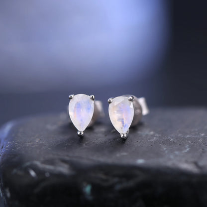 Choosen Jewelry: Pear-Shaped Milky Blue Moonstone Stud Earrings in 925 Sterling Silver, June Birthstone