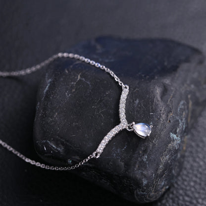 June Birthstone Moonstone V Shape Necklace - 925 Sterling Silver Pendant by Choosen Jewelry