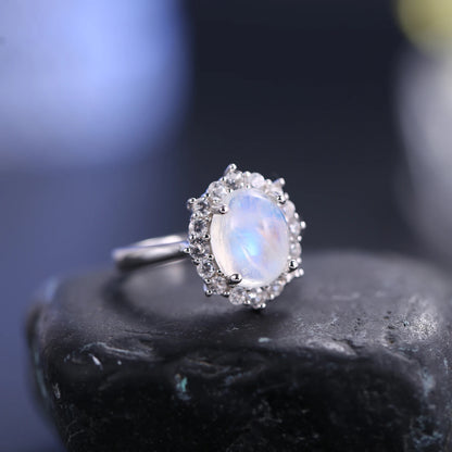 Stunning 3.24CT Oval Cut Moonstone Cluster Halo Engagement Ring with CZ in 925 Sterling Silver - Elegant Handmade Jewelry for Women