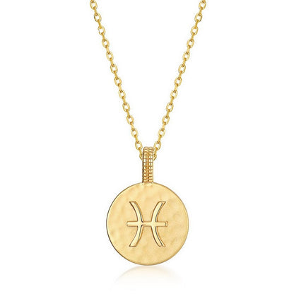 Zodiac Sign Coin Necklace, 12 Constellation Pendant, 10K Gold Plated