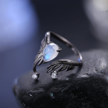 Exquisite Adjustable Angel Wing Moonstone Ring with CZ in 925 Sterling Silver - Elegant Handmade Jewelry - Perfect Gift for Women