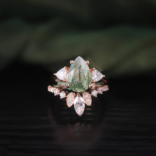 Pear Cut Moss Agate Pave Engagement Ring Set in Rose Gold - 925 Sterling Silver, with Trillion and Marquise Cut CZ Side Stones, Moss Agate Cluster Promise Ring Set for Women