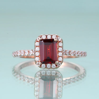 Choosen Jewelry: Emerald Cut Garnet Halo Engagement Ring Set in Sterling Silver