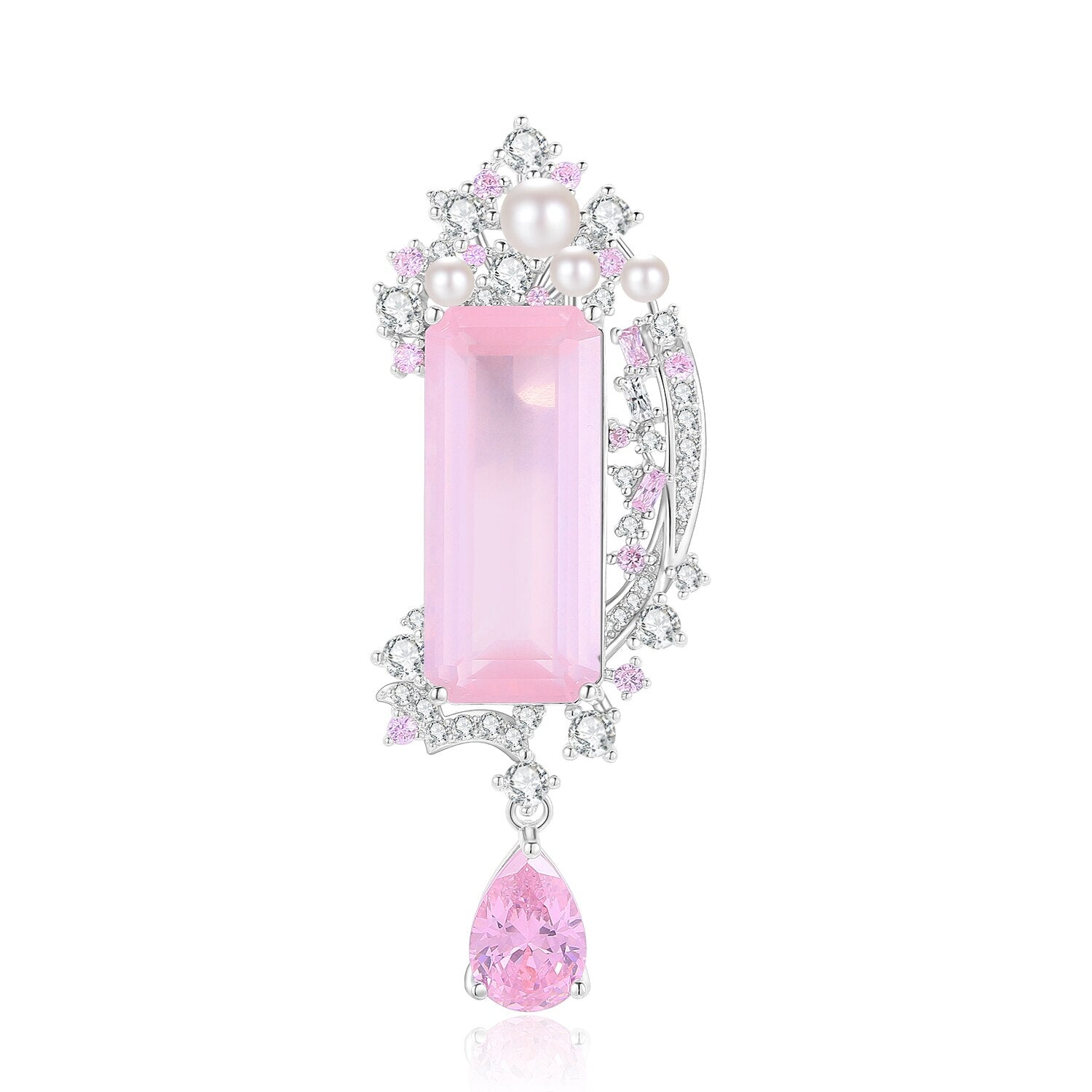 Rose Quartz Pearl Brooch in 925 Sterling Silver,