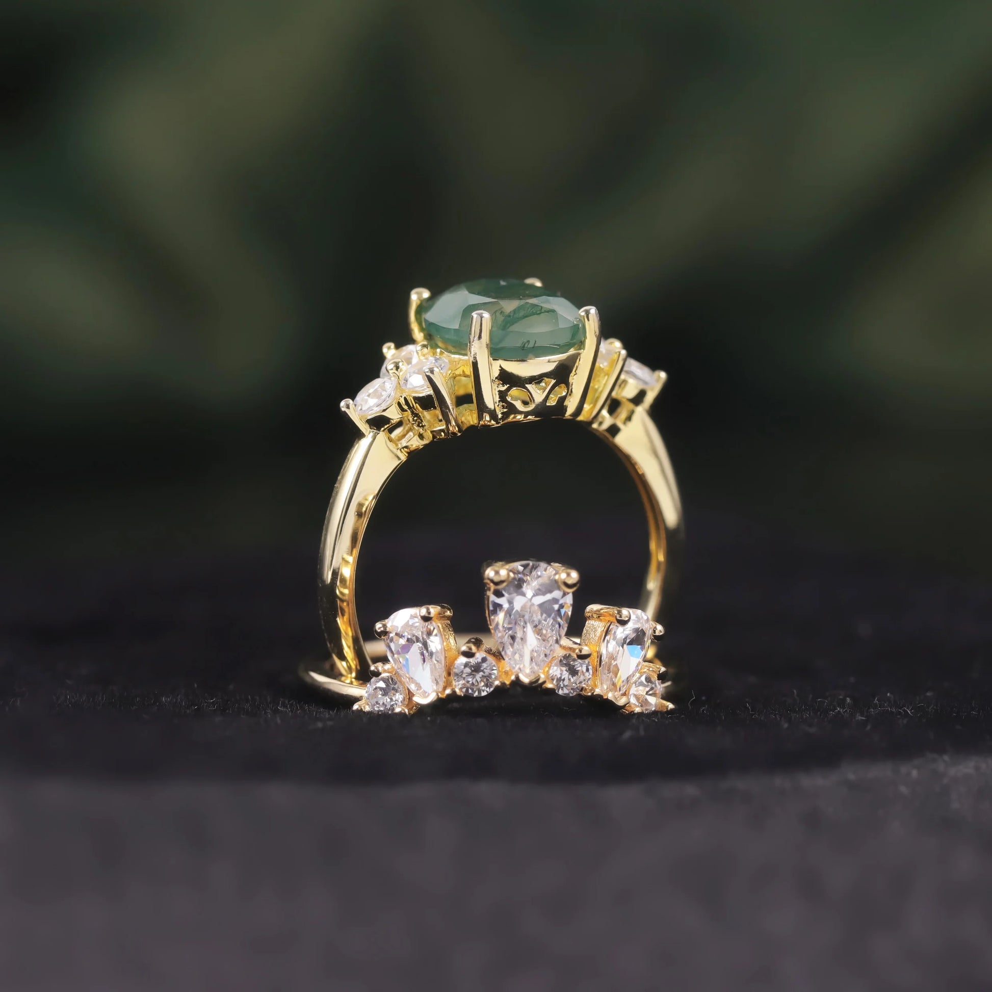 Oval Cut Moss Agate Halo Engagement Ring Set in Gold - 925 Sterling Silver, with Pear and Round Cut CZ Side Stones, Moss Agate Curved Promise Ring Set for Women