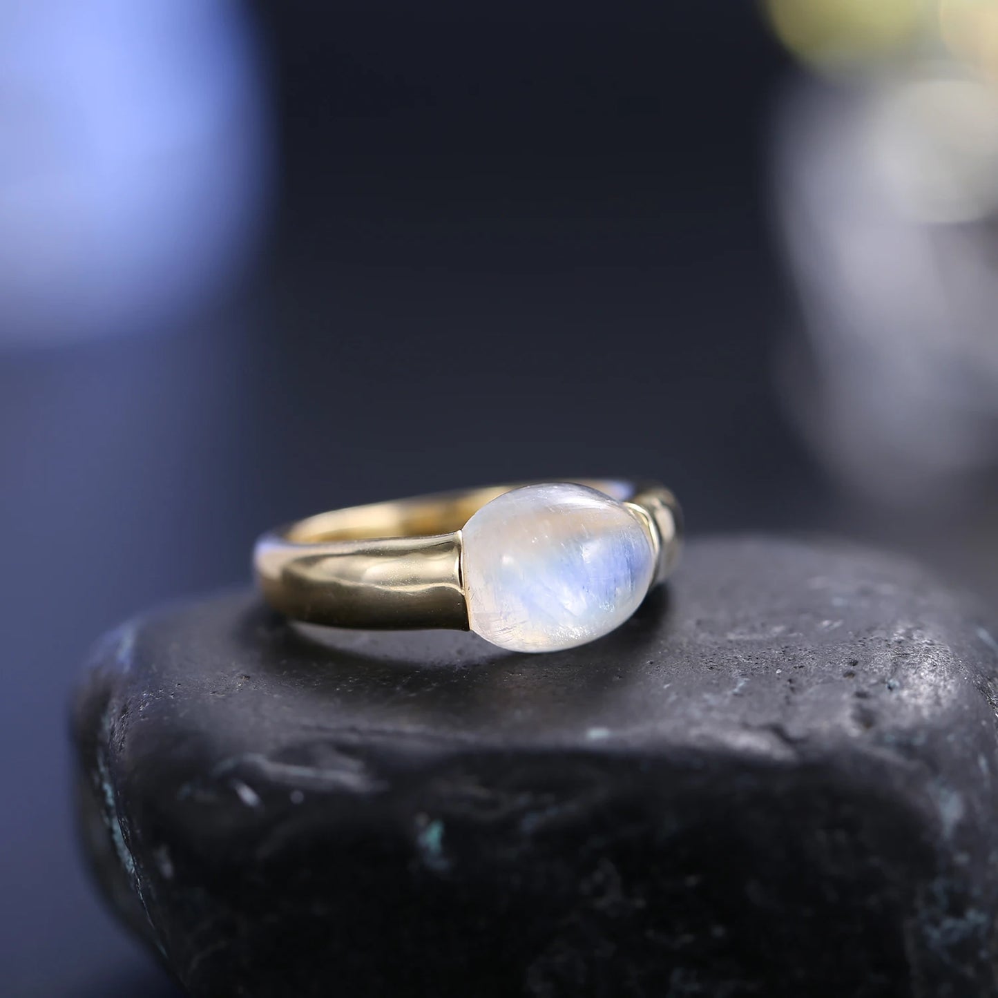 June Birthstone Rainbow Moonstone Promise Ring - 925 Sterling Silver, 18K Gold Plated - Choosen Jewelry