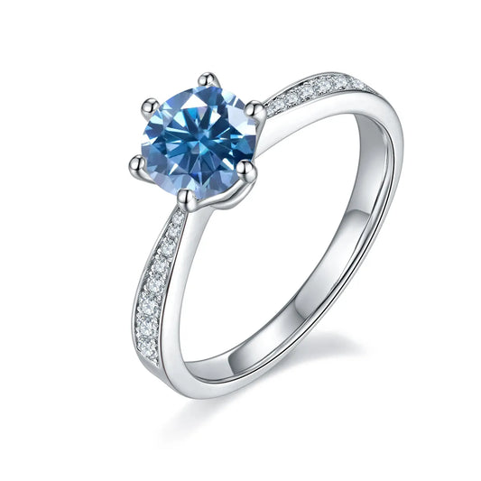 1-3 Ct Round Cut Blue Moissanite Pave Engagement Rings, 925 Sterling Silver