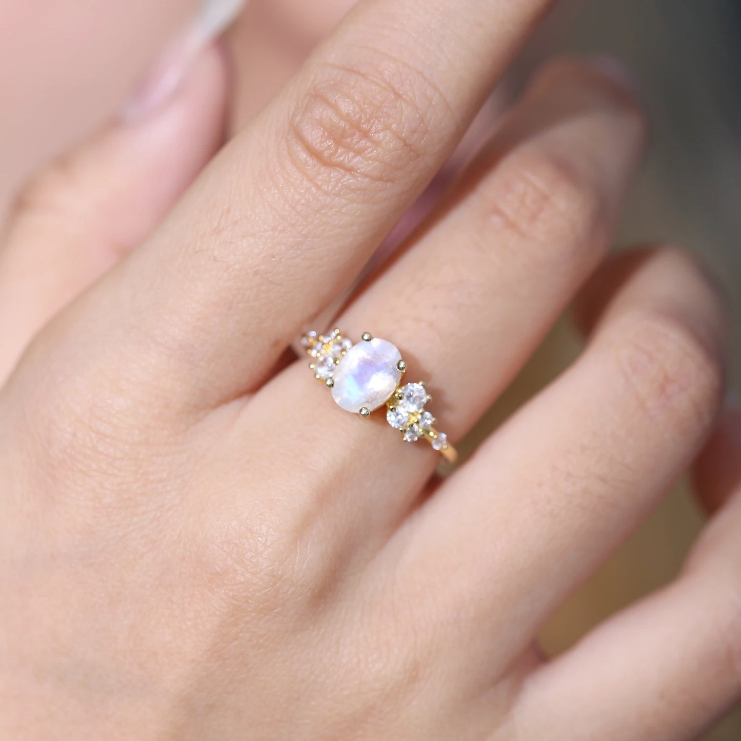 Exquisite Oval Moonstone Engagement Ring with CZ Accents in 925 Sterling Silver - Elegant and Timeless Gemstone Jewelry - Perfect Gift for Her